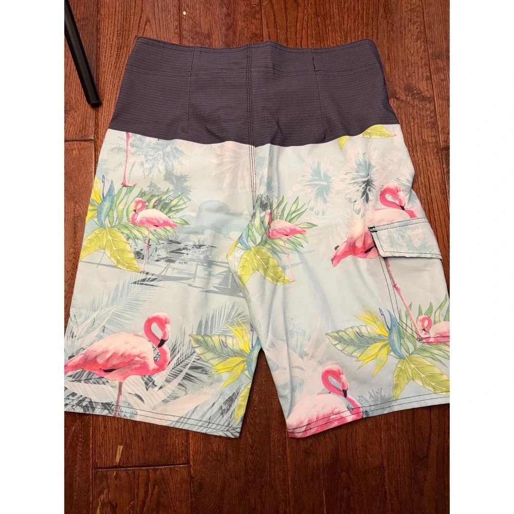 Hang Ten Mens Flamingo Tropical Board Shorts Blue‎ Grey Swim Trunks Size 30 NWT